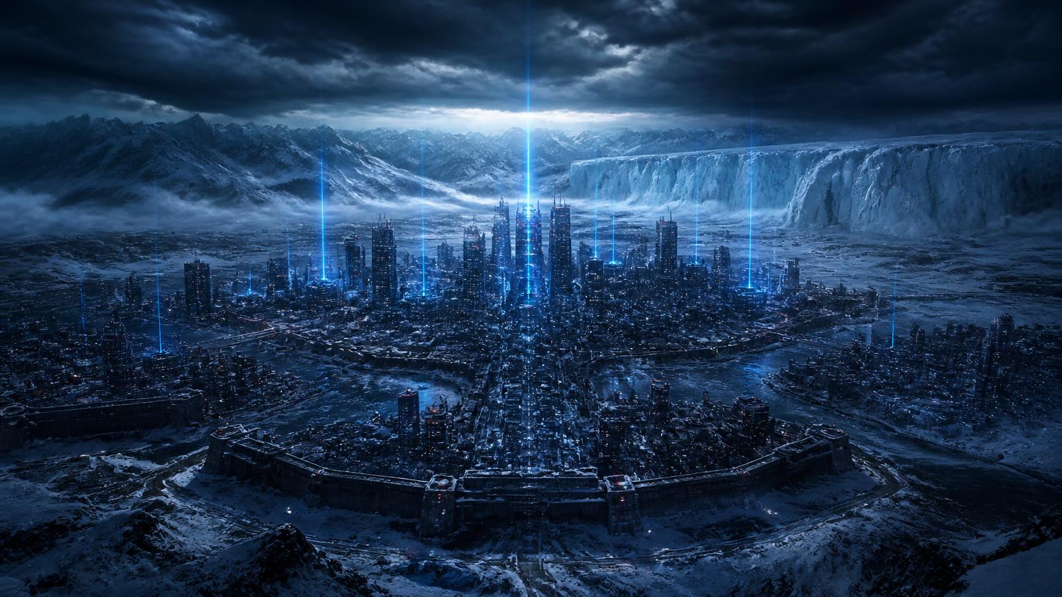 Vista aérea de Frostveil cercada por montanhas congeladas e geleiras