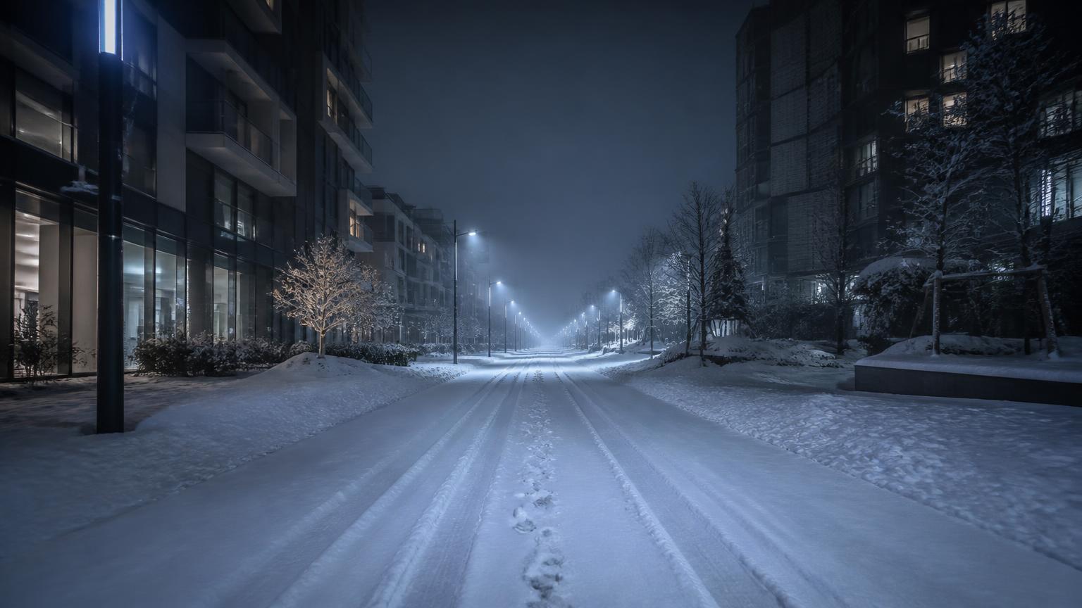 Rua vazia coberta de neve com postes inteligentes